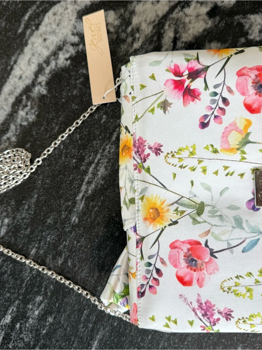 Jewel Badgley Mischa Floral Satin Bow Purse with White Background, NWT
